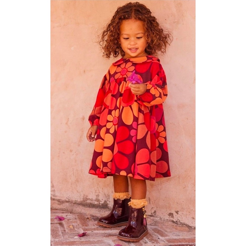 Next Kids Red Orange Retro 70s vibes Floral Peter Pan Collar Cotton Dress‎ 5-6Y